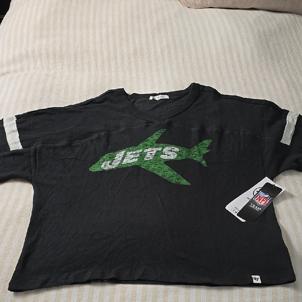 Women's '47 Black New York Jets Double Header Scout Cropped V-Neck Tee Size:Med